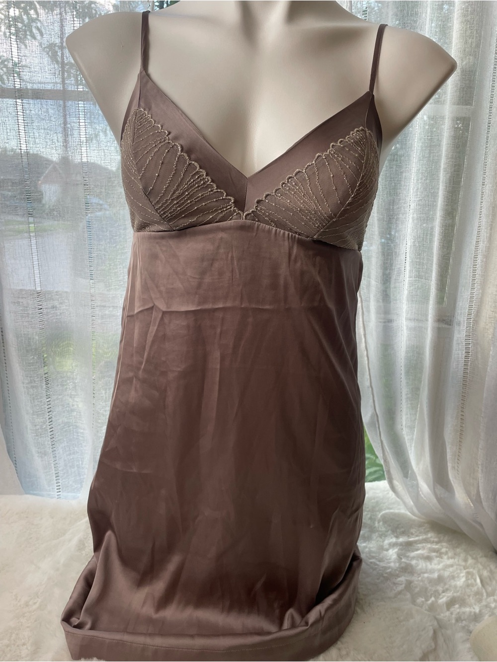 Soma Brown Lace-Trim Satin Chemise